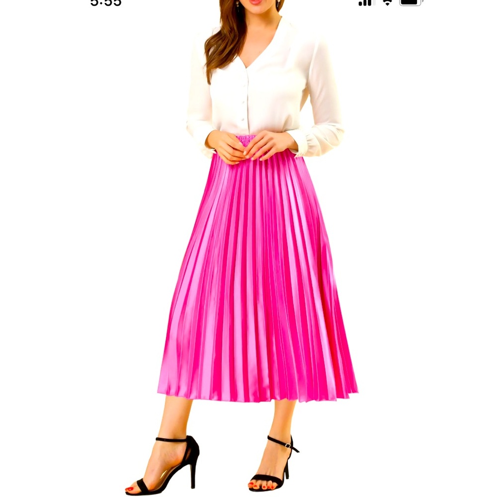 Mango Fushia Mid Pleated Elastic Waist Skirt Size M